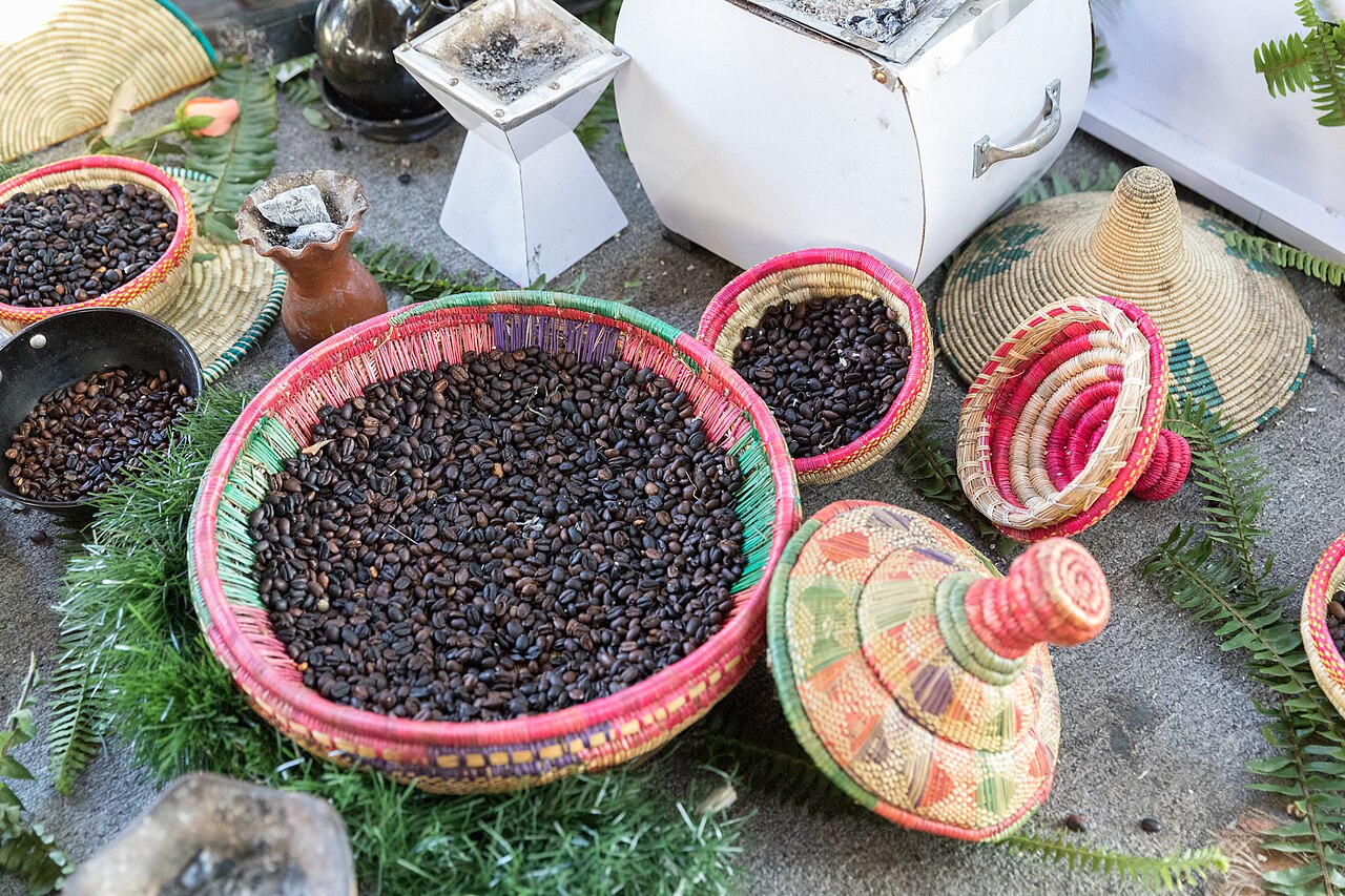 Close‑up of Ethiopian coffee beans on display